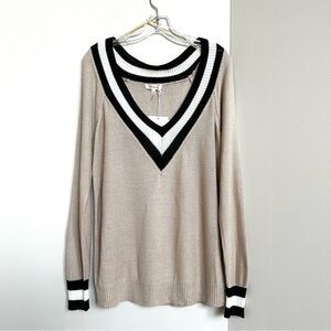 NWT Miracle Varsity Stripe Sweater Tan, Black, White Cotton Viscose V Neck Knit
